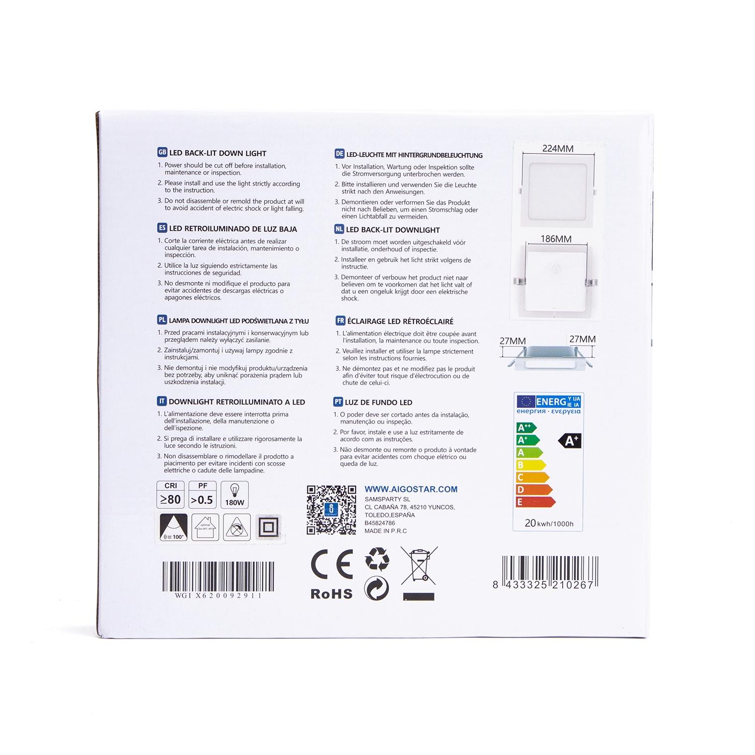 E6 LED  Flush-mounted Square Downlight 20W White Light