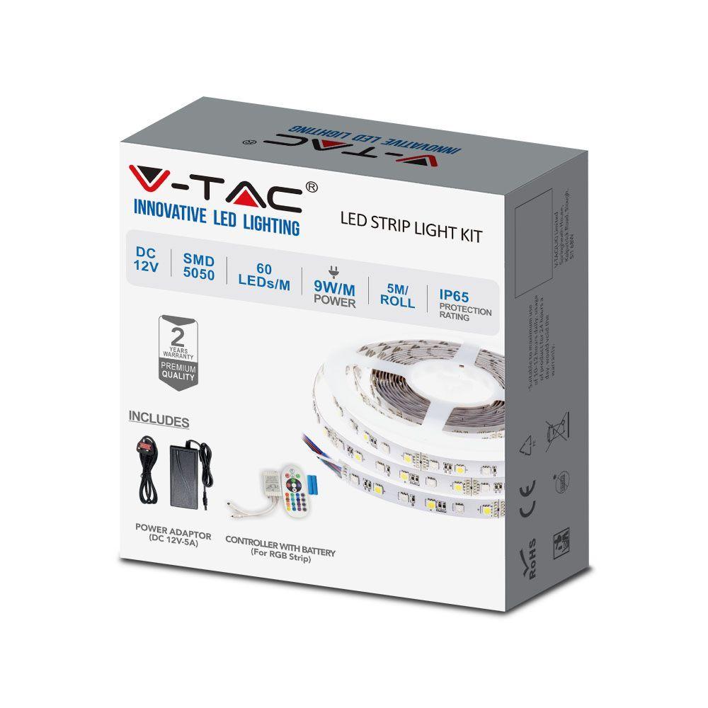 VT-5050-60 9W/M LED STRIP LIGHT(BS PLUG) 6400K SET IP65 12V(5M/ROLL)