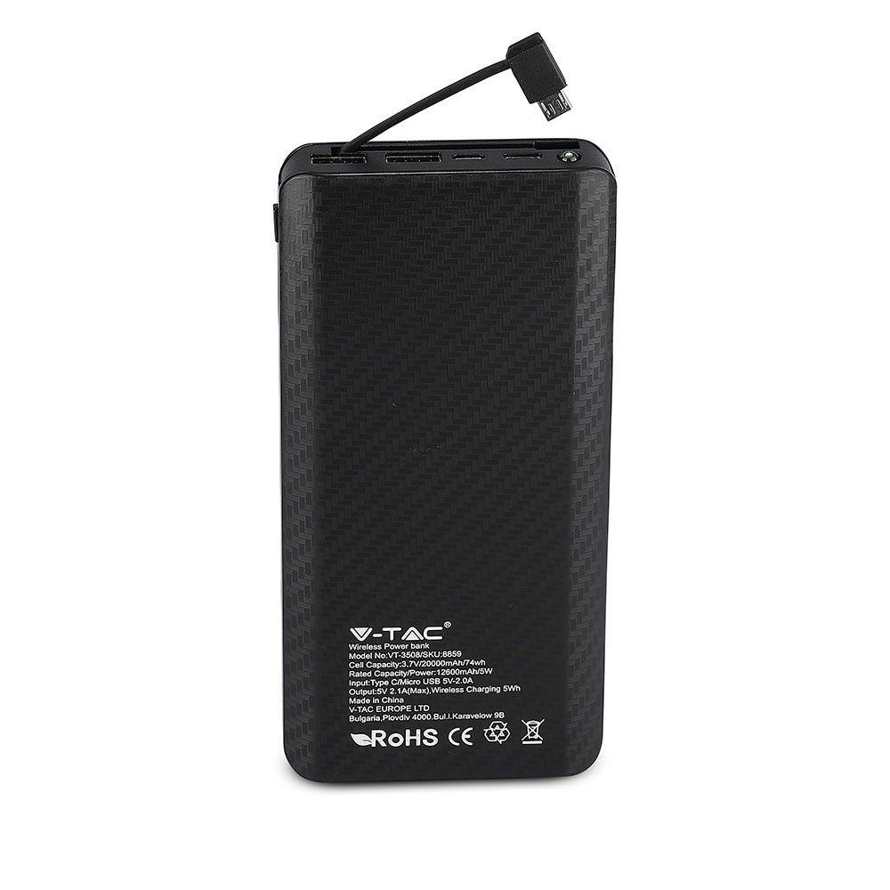 Power Bank z ładowaniem indukcyjnym i przyłączem Mikro USB, Litowo Polimerowy - 3.7V, 20000mAh, Czarny, VTAC, SKU 8859