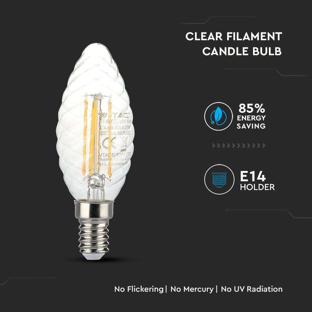 4W C35 Żarówka LED Filament Twist, Klosz Transparentny, Chip SAMSUNG, Barwa:2700K, Trzonek:E14, VTAC, SKU 279