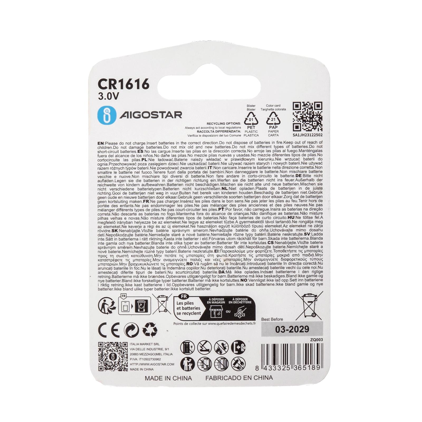 Coin cell batteries CR1616 3.0V 2pcs