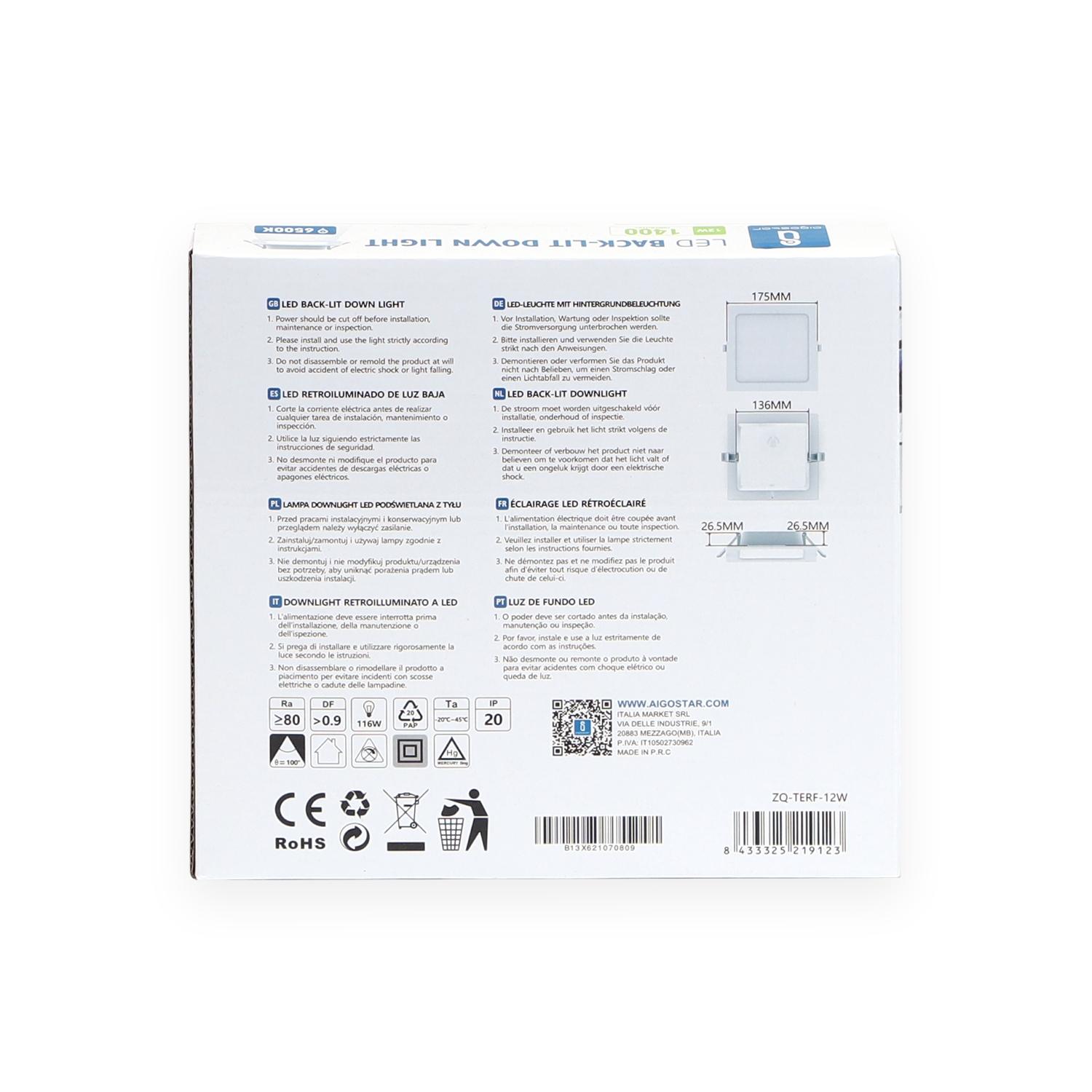 Podtynkowa kwadratowa lampa LED/Down light 12W 6500K