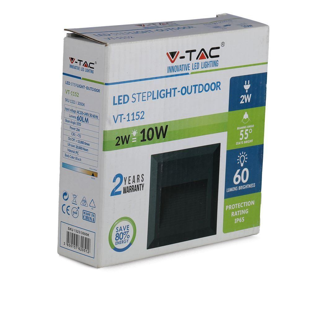 2W Oprawa Schodowa LED, Barwa:3000K, Obudowa: Czarna, Kwadrat, VTAC, SKU 1323