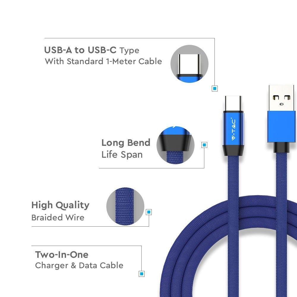 VT-5342 1M TYPE-C USB BRAIDED CABLE WITH COTTON FABRIC-BLUE(RUBY SERIES)