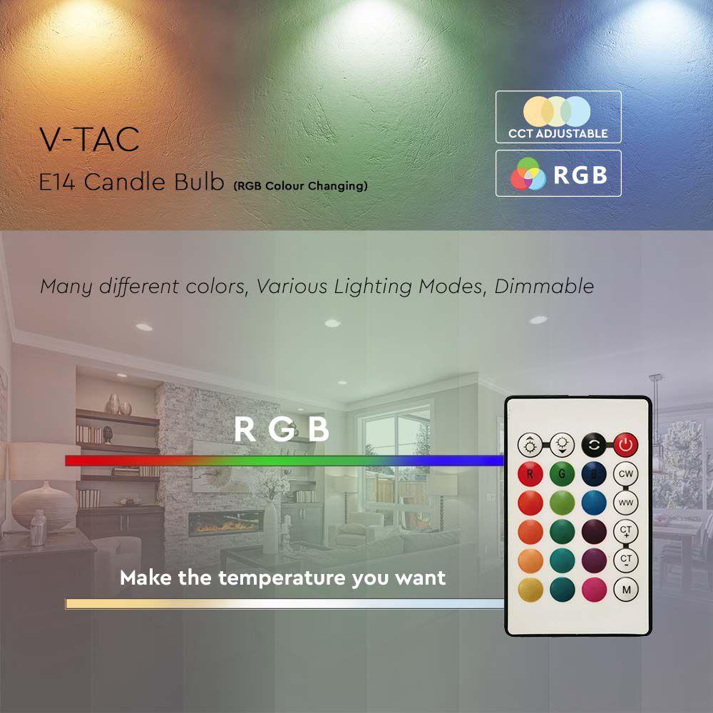 4.8W C35 Żarówka LED sterowana pilotem, Barwa:RGB+3000K, Ściemniana, Trzonek:E14, VTAC, SKU 2926