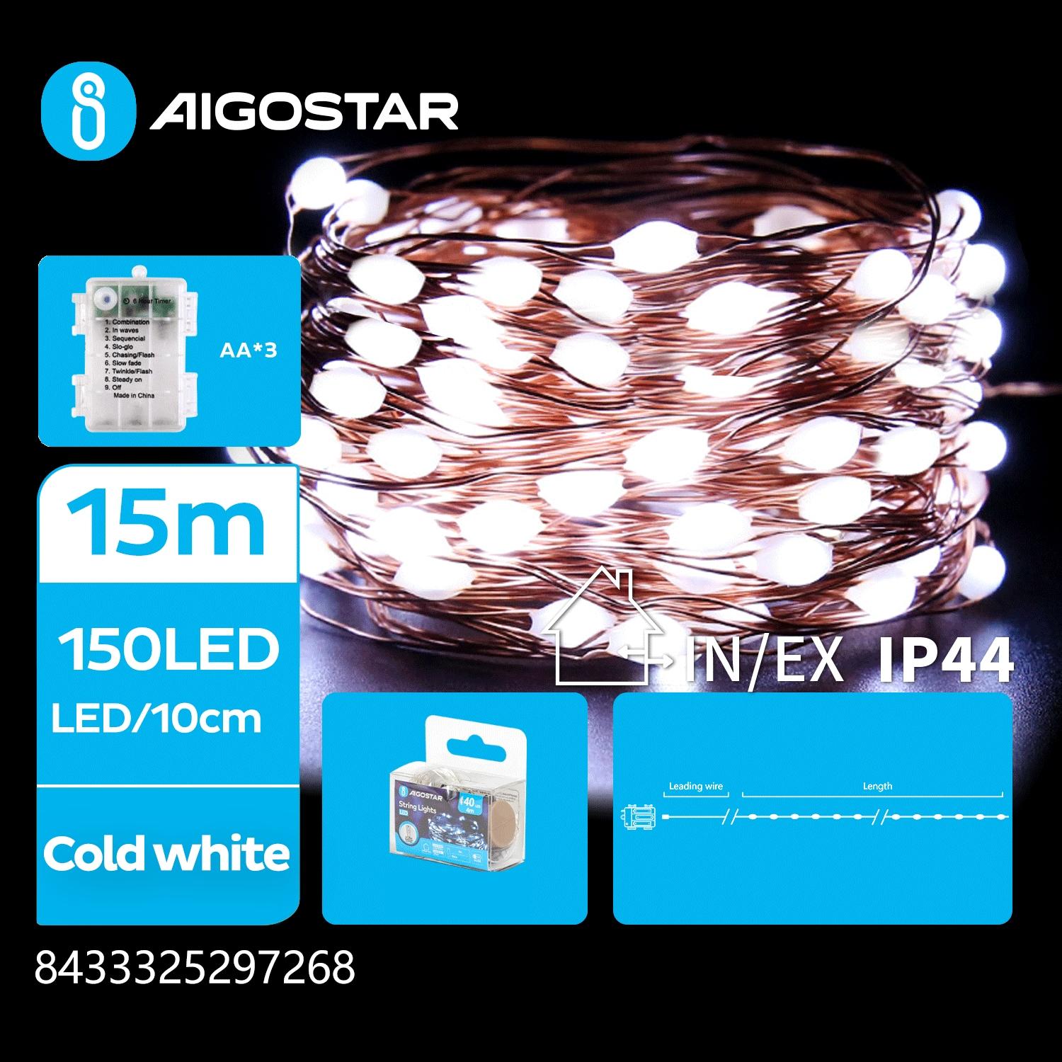 3AA battery copper wire string lights, cold white, 15m