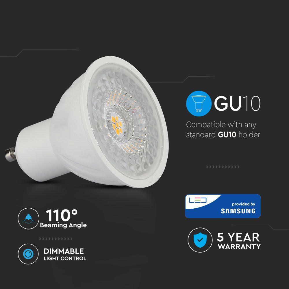 6.5W GU10 Żarówka LED, Chip SAMSUNG, Barwa:6400K, Kąt 110', Ściemniana, Trzonek:GU10, VTAC, SKU 200