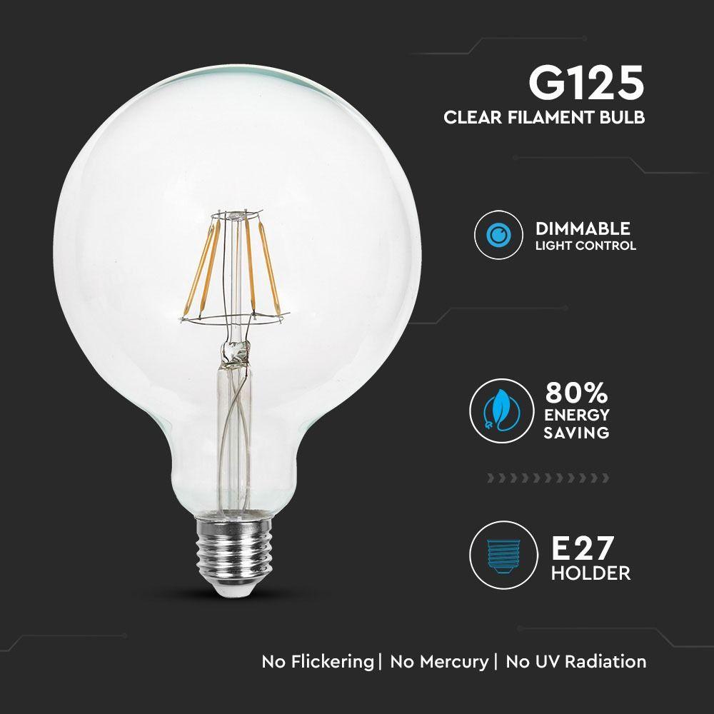 4W G125 Żarówka LED Filament, Barwa:2700K, Ściemniana, Trzonek:E27, VTAC, SKU 4399