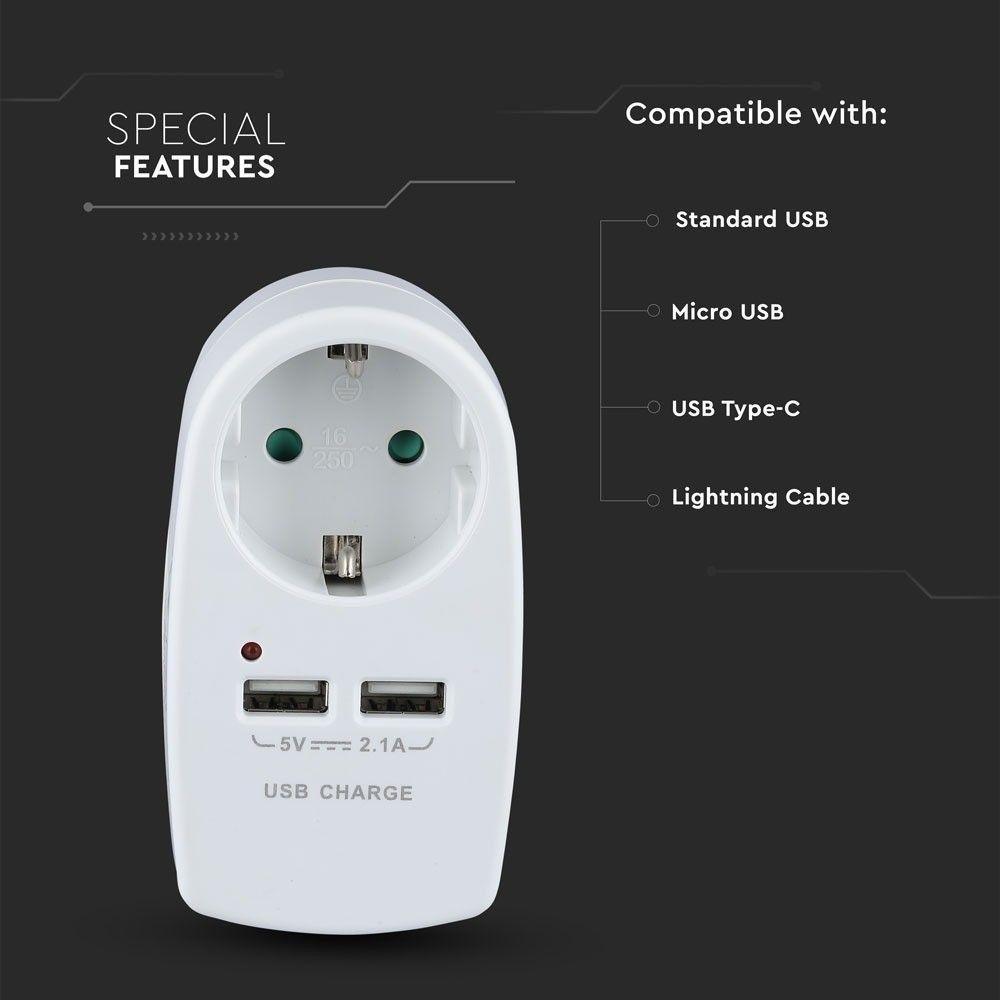 VT-1044 EU TYPE PLUG ADAPTER WITH EARTHING CONTACT & CHARGING INTERFACE-WHITE