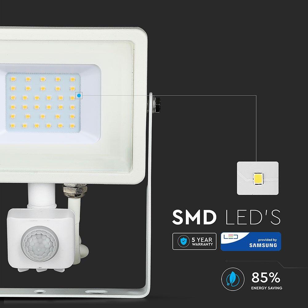 30W Naświetlacz LED SMD z czujnikiem ruchu, Chip SAMSUNG, Barwa:6400K, Obudowa: Biała , VTAC, SKU 459