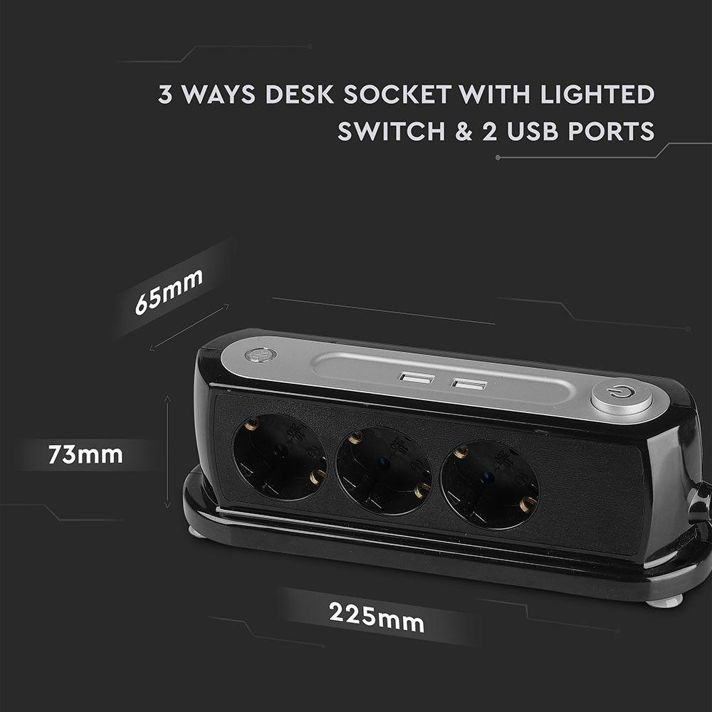 VT-1133-2 3 WAYS DESK SOCKET WITH LIGHTED SWITCH & 2 USB PORTS(3G1.5MMX1.4M)