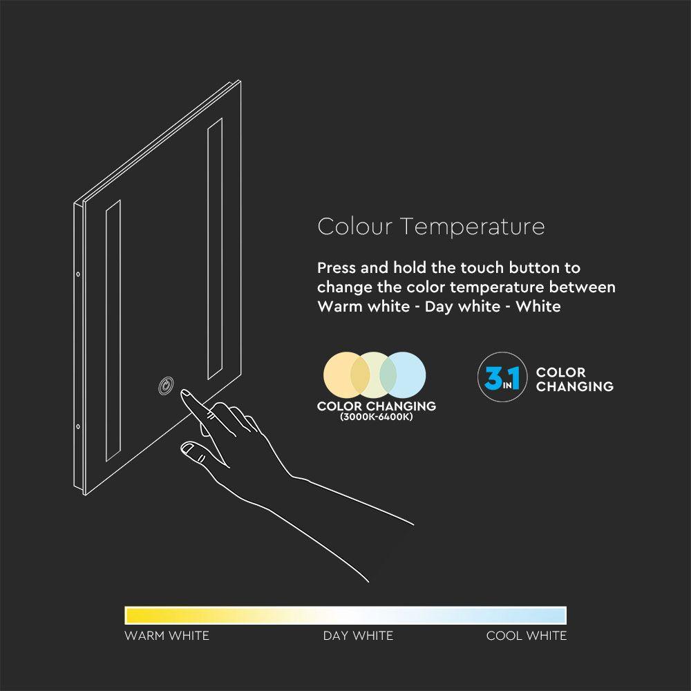 37W Lustro z podświetleniem LED z wyłącznikiem, Anti fog, Barwa: 3w1, Wymiary: 700 x 500 x 35, VTAC, SKU 40461