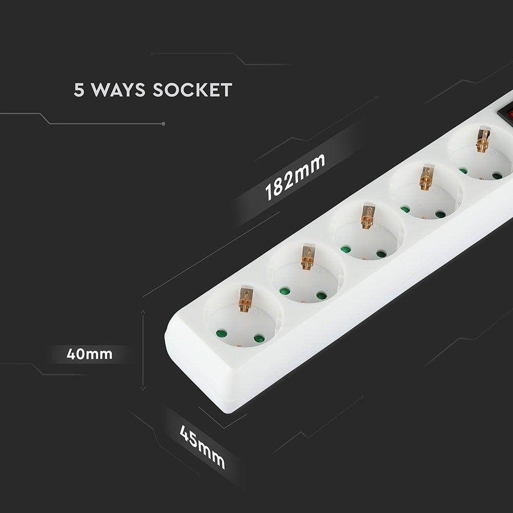 Przedłużacz mieszkaniowy z wyłącznikiem 5 GN., 3x1.5 G. X 1.5M, Biały, VTAC, SKU 8766