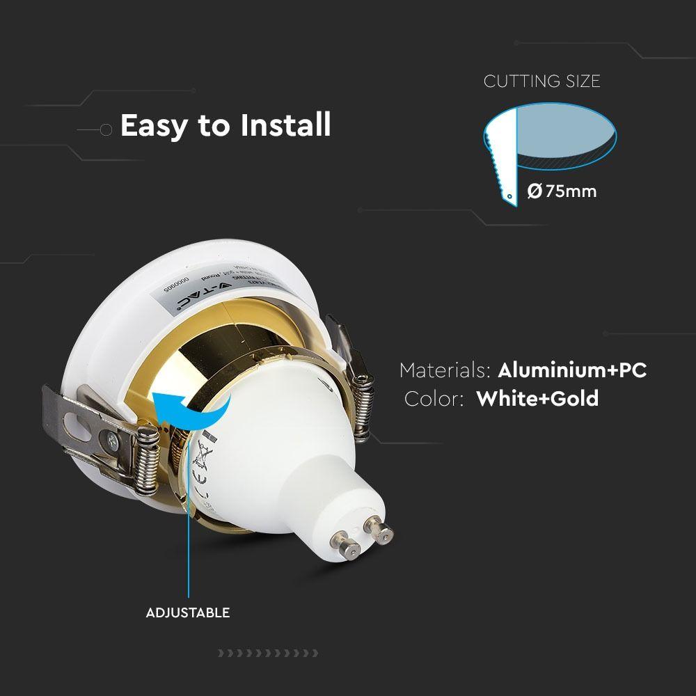 Oprawa wpuszczana Spot, Trzonek:GU10, Okrągła, Biały, Złoty, VTAC, SKU 3158