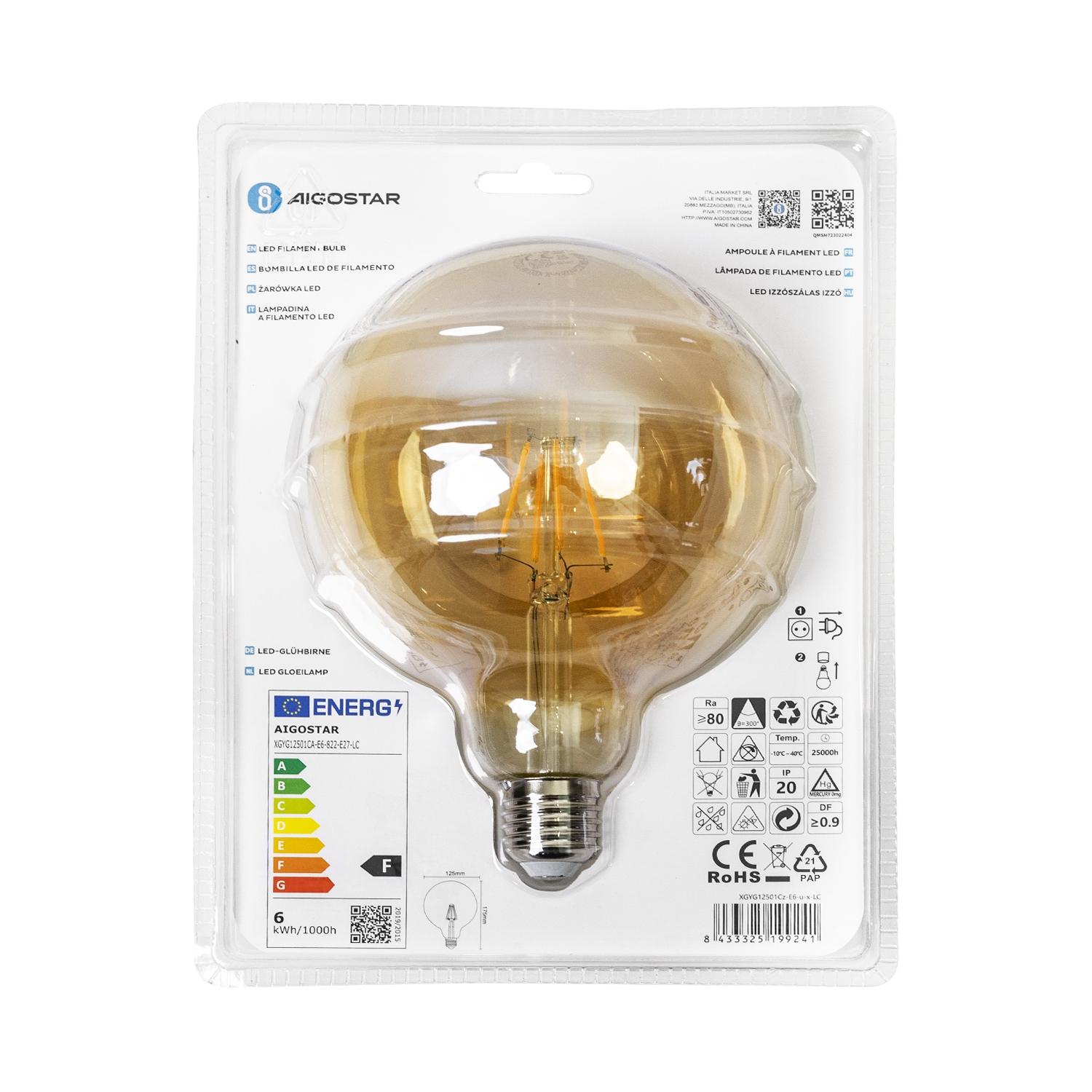 LED Filament Bulb (Amber) G125 E27 6W