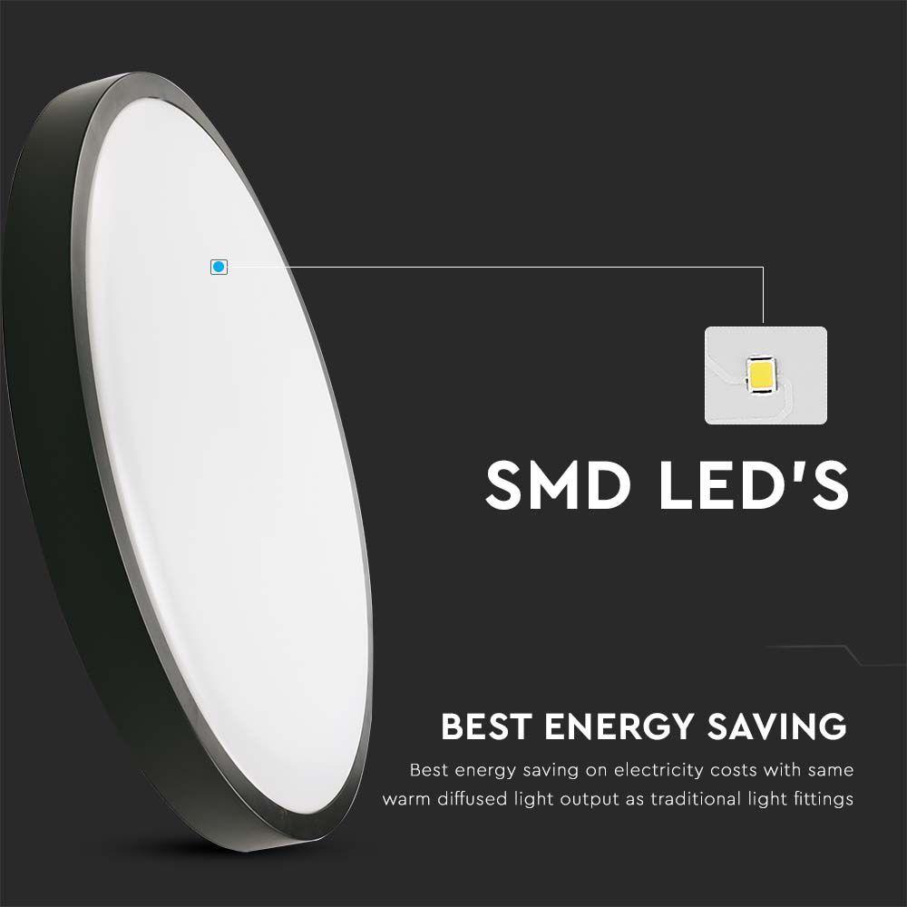 30W Plafon LED, Średnica: 420mm, Barwa:3000K, Klosz: Okrągły mleczny czarna ramka, IP44, VTAC, SKU 7639