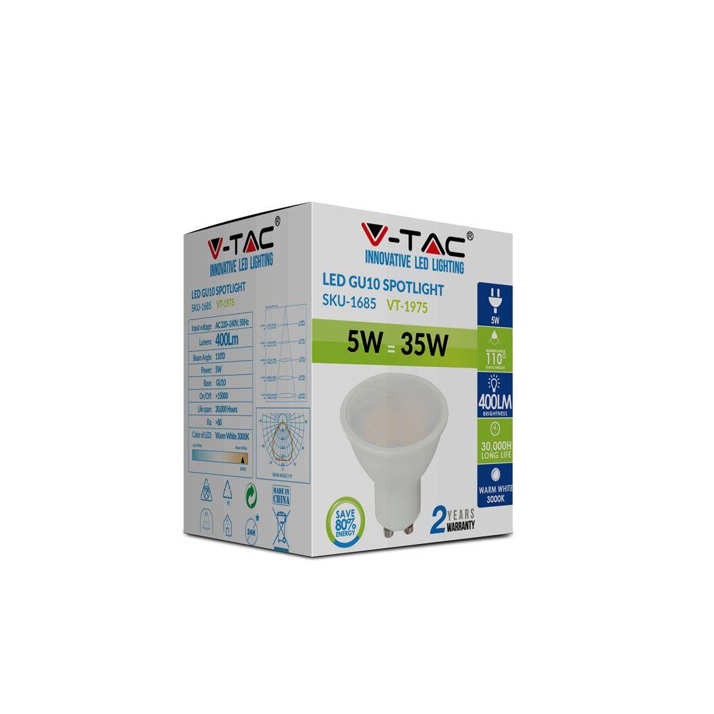 5W GU10 Żarówka LED, Barwa:3000K, Trzonek:GU10, Kąt 110', VTAC, SKU 1685