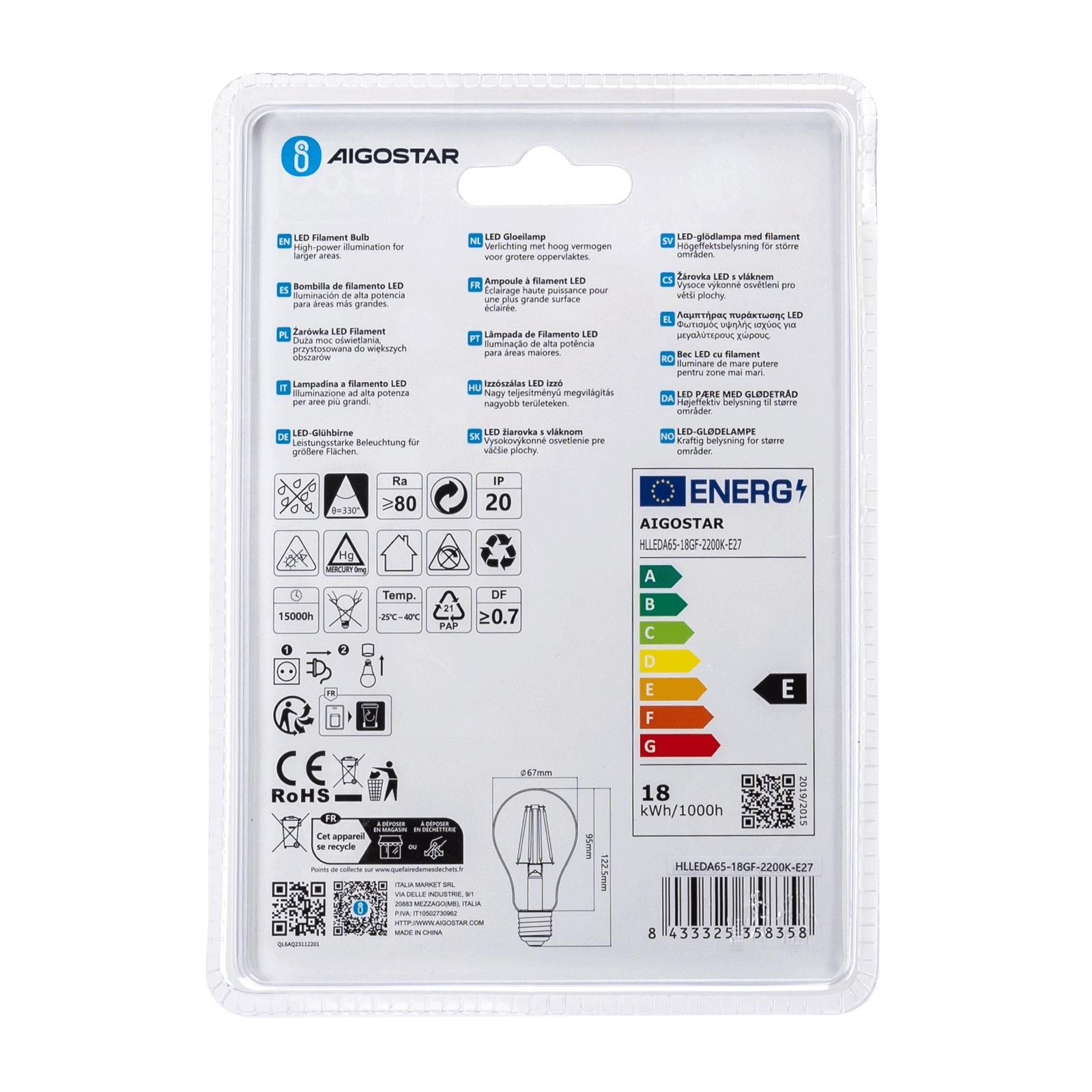 LED Filament Bulb (Amber) A65 E27 18W