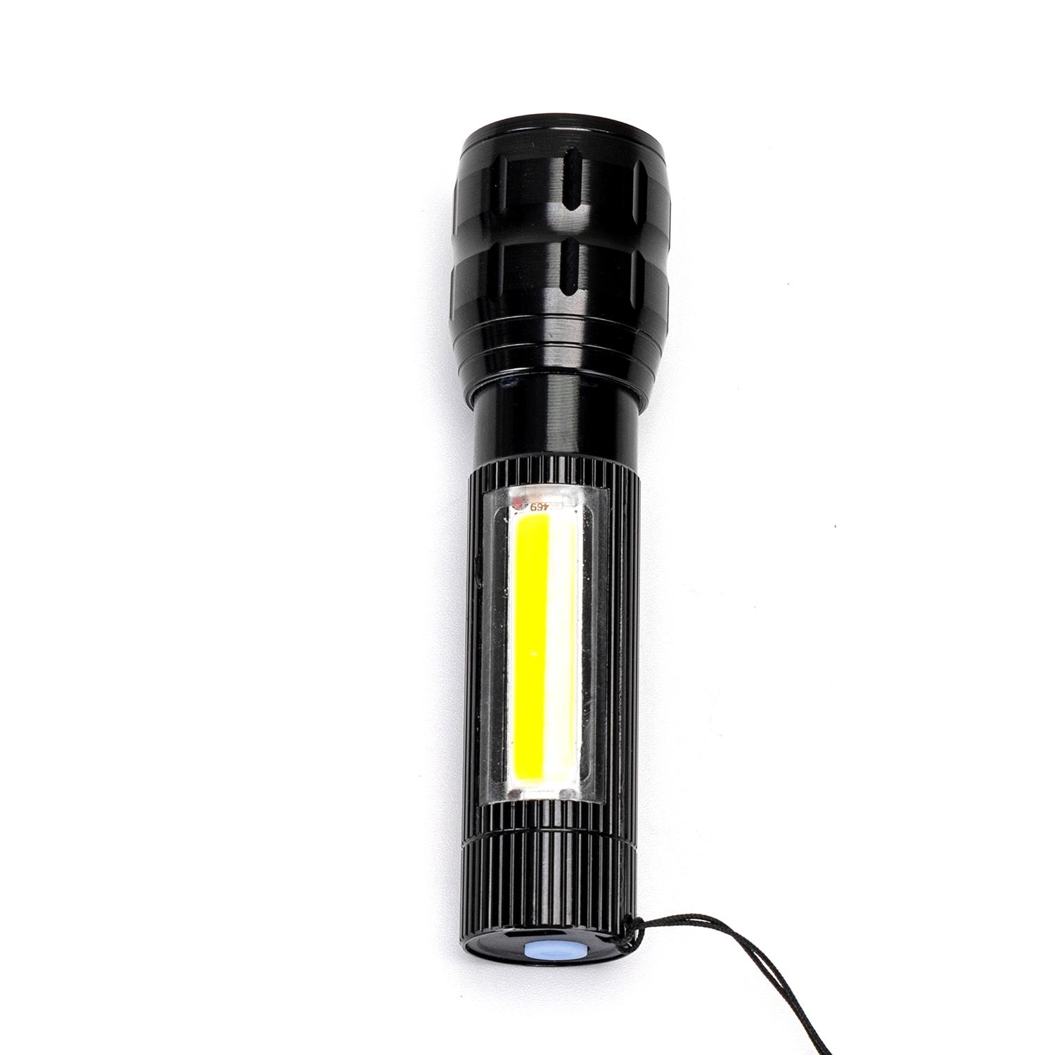 Torch with side light adjustable focus rechargeable