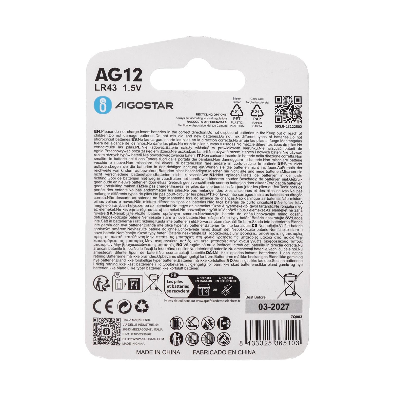 Coin cell batteries AG12/LR43 1.5V 4PCS