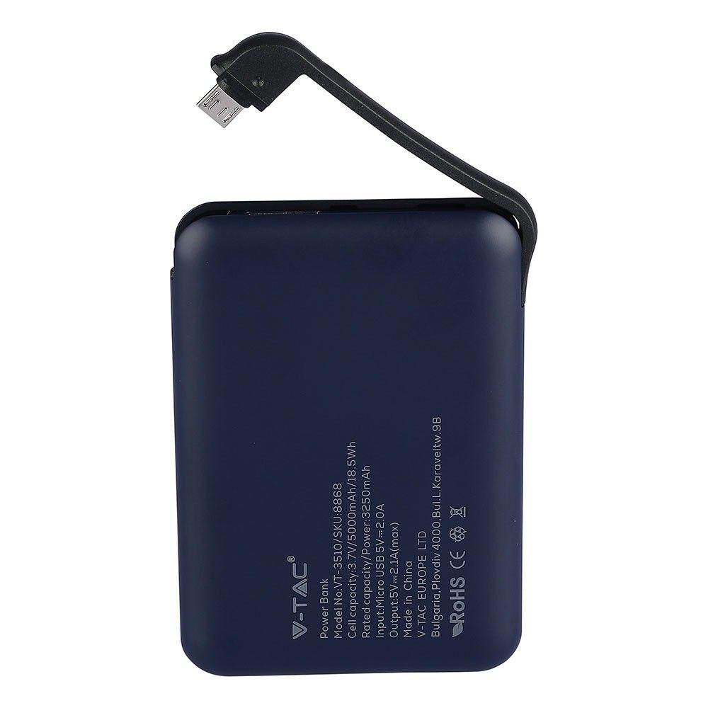 Power Bank z przyłączem Mikro USB, Litowo Polimerowy - 3.7V, 5000mAh, Niebieski, VTAC, SKU 8868