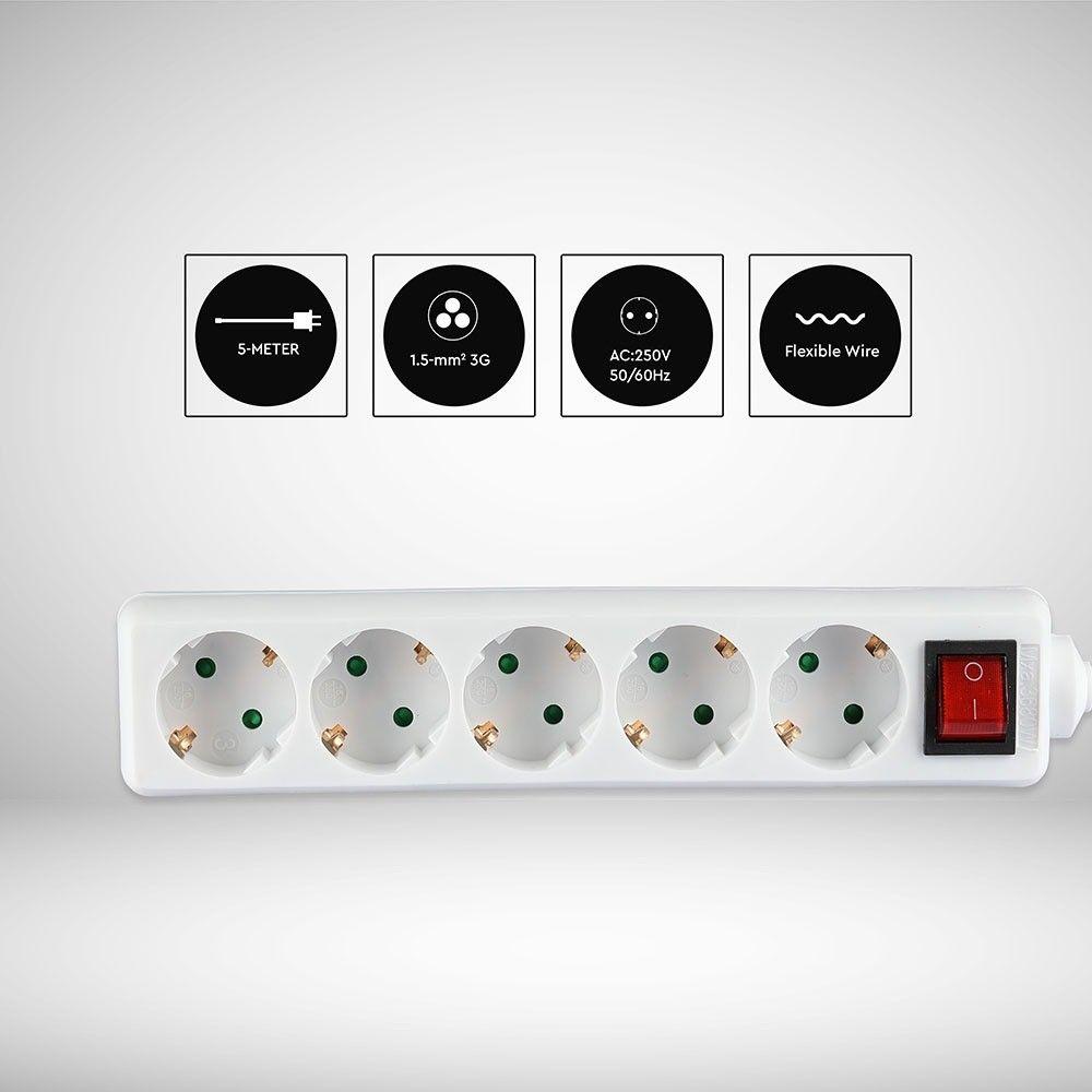 Przedłużacz mieszkaniowy z wyłącznikiem 5 GN., 3x1.5 G. X 5M, Biały, VTAC, SKU 8767