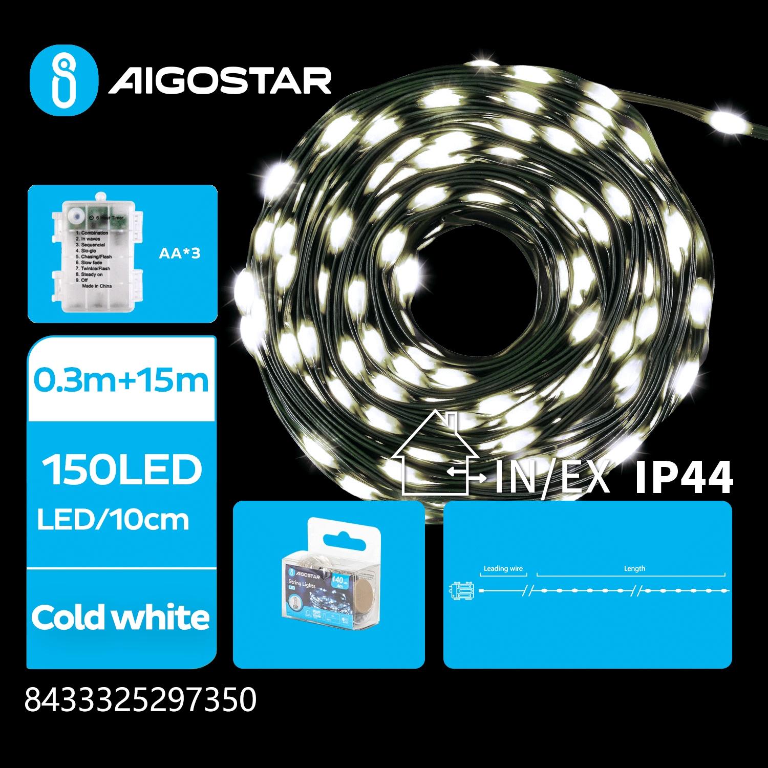 3AA battery string lights (PVC & copper), cold white, 15m