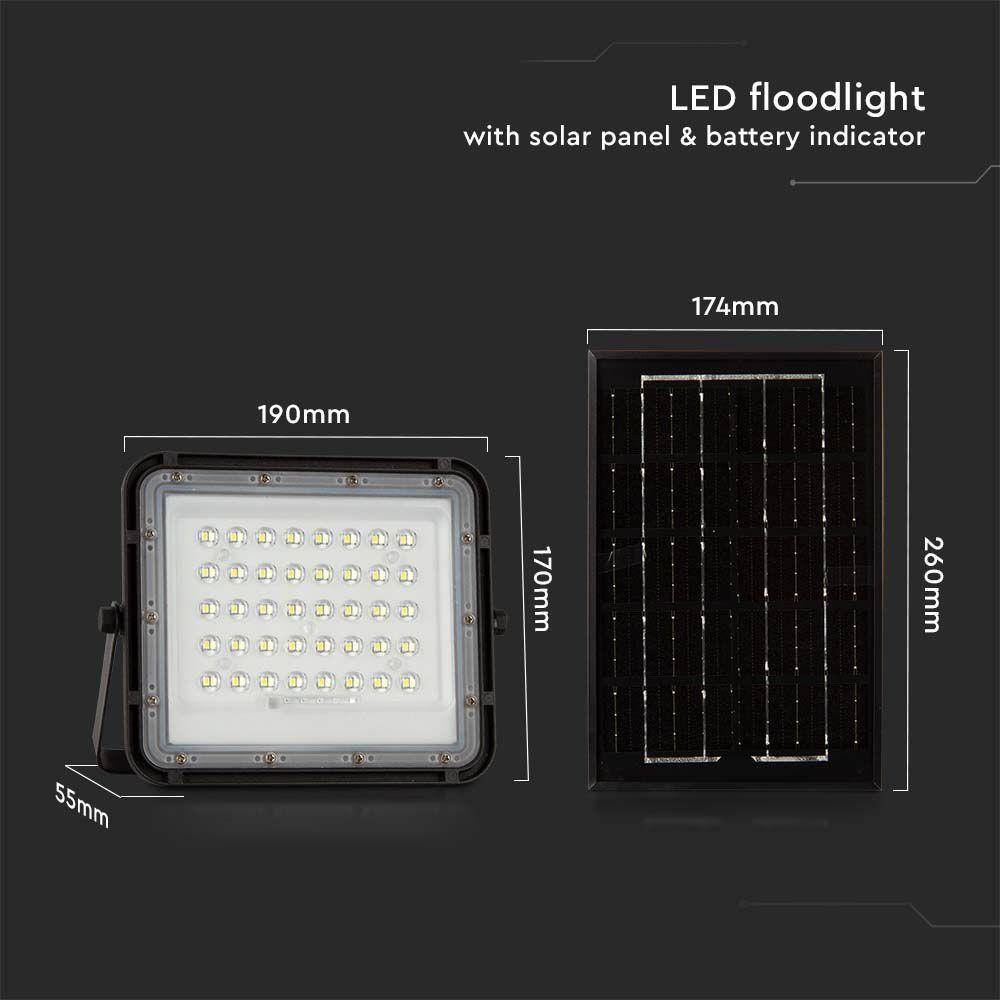 6W Solarny naświetlacz LED z czujnikiem zmierzchu, Panel z przewodem: 3m, Pilot, Bateria 5000mAh/ Barwa:4000K, Obudowa: Czarna, VTAC, SKU 7822