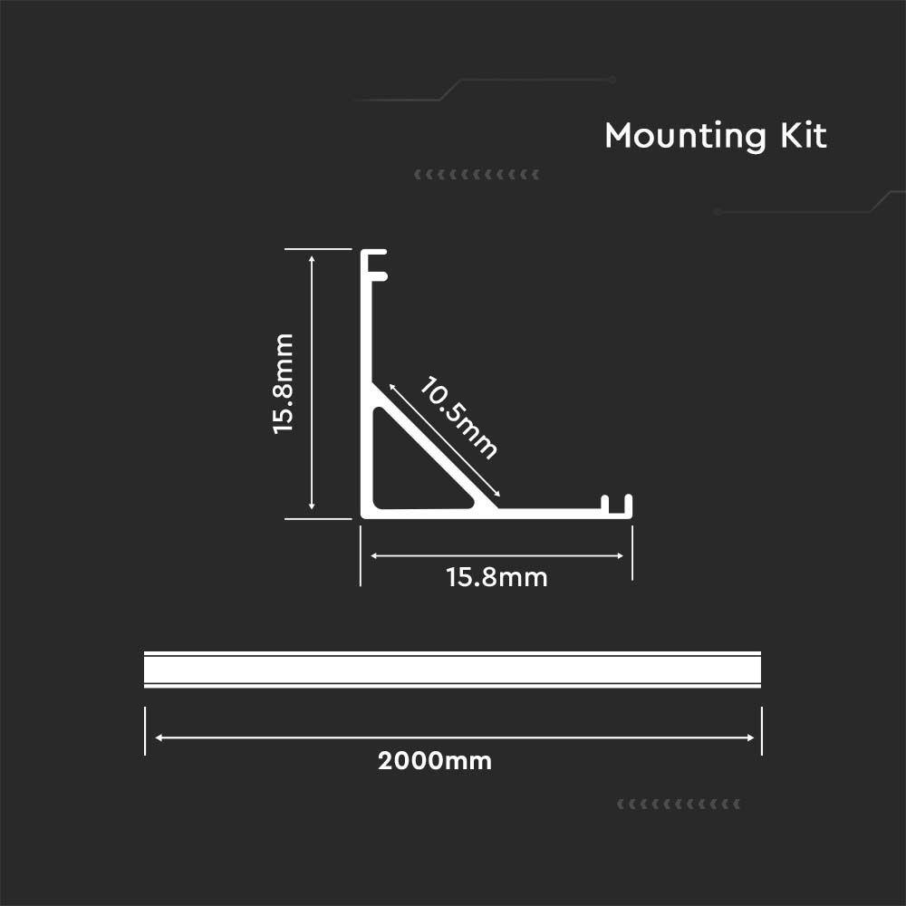 VT-8123 MOUNTING KIT WITH DIFFUSER FOR LED STRIP PCB 12MM CORNER 2000X15.8X15.8MM WHITE