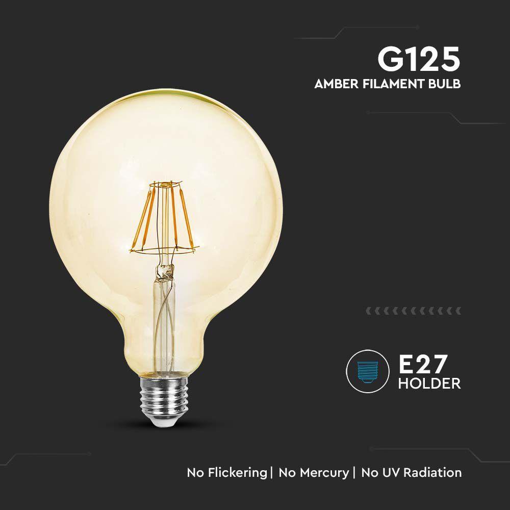 12W G125 Żarówka LED Filament, Klosz Bursztynowy, Barwa:2200K, Trzonek:E27, VTAC, SKU 217456