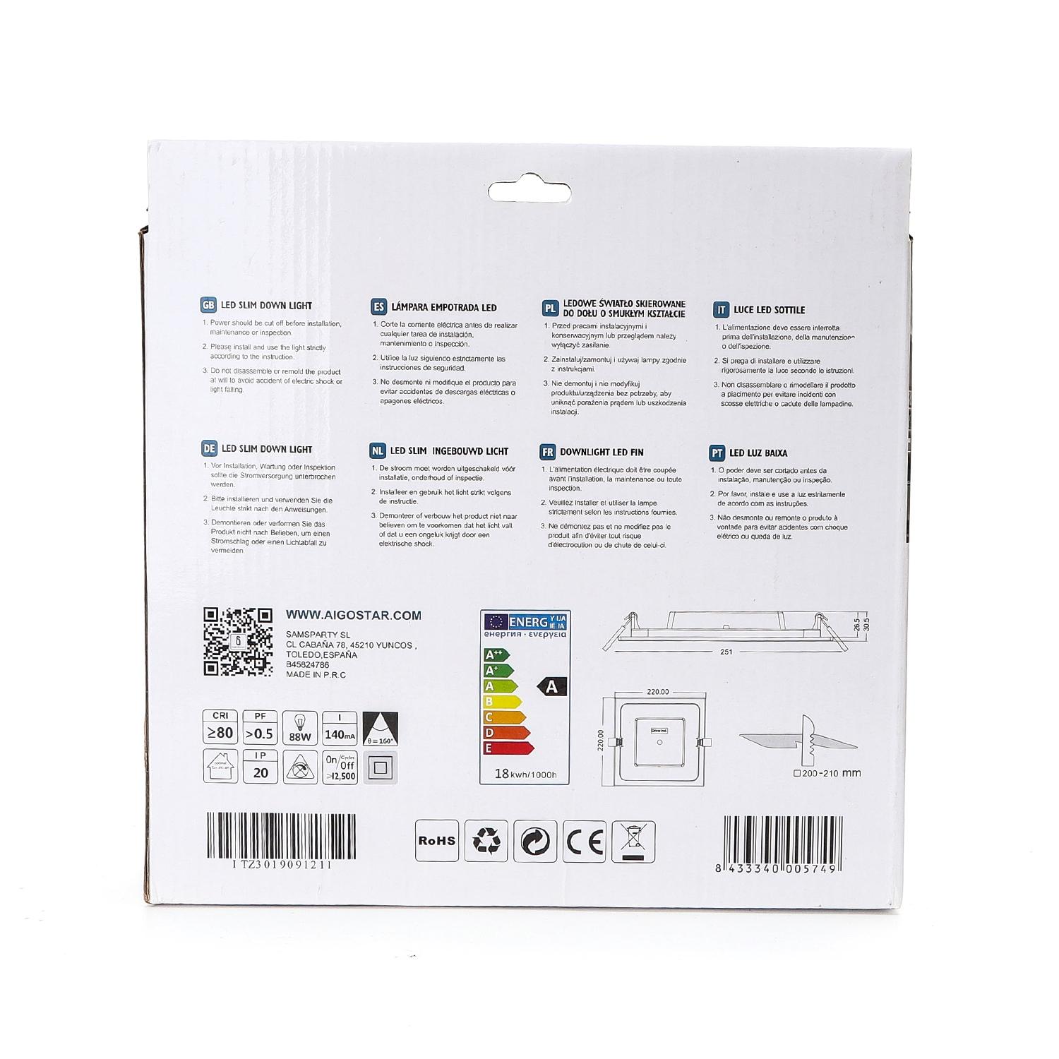 Ultracienki kwadratowy downlight podtynkowy LED E6 18W Światło naturalne