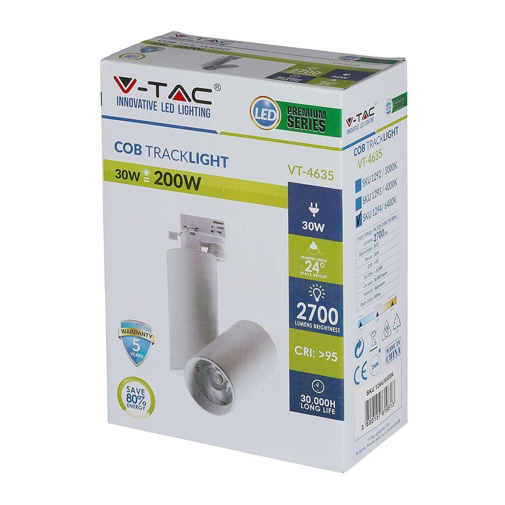 VT-4635 30W LED TRACKLIGHT 6400K-WHITE BODY,5YRS WTY