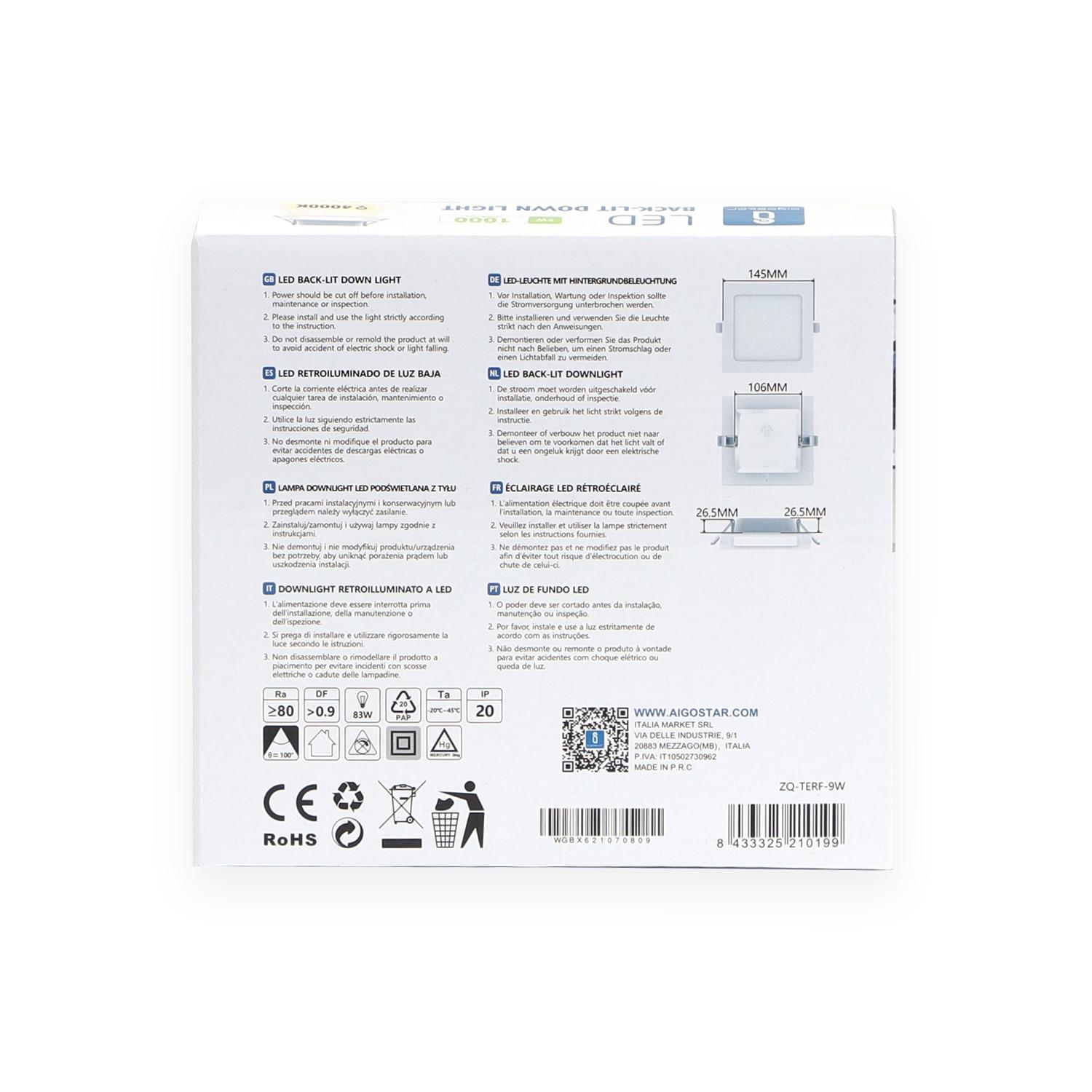 E6 LED  Flush-mounted Square Downlight 9W Natural Light