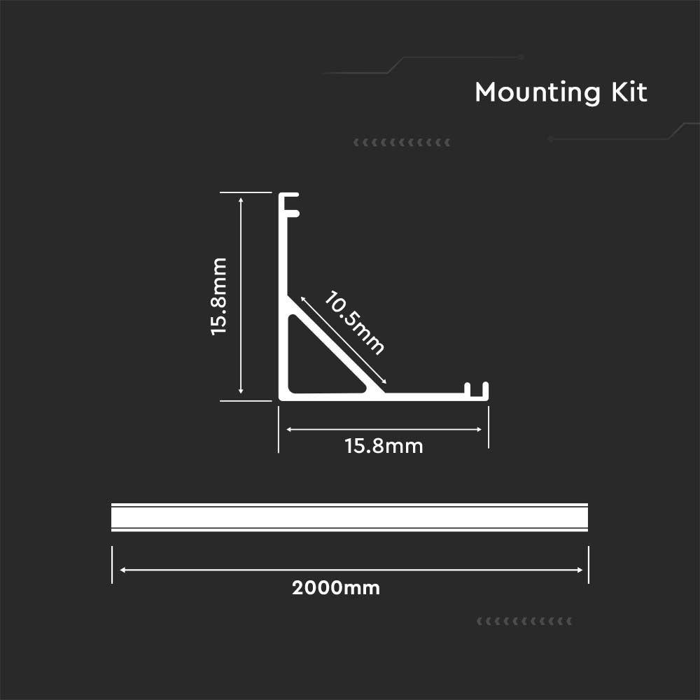 VT-8109 MOUNTING KIT WITH DIFFUSER FOR LED STRIP CORNER 2000X15.8X15.8MM SILVER