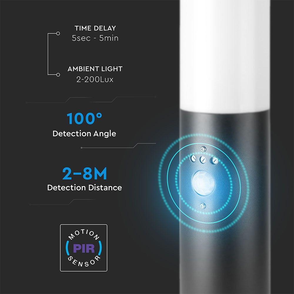 Słupek ogrodowy z PIR, Obudowa: Stal nierdzewna, Wysokość: 45cm, Gniazdo: E27, IP44, Kolor: Czarny, VTAC, SKU 8985