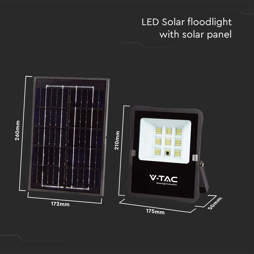 6W Naświetlacz LED solarny, Panel z przewodem, Pilot, Barwa:6400K , Obudowa: Czarna, VTAC, SKU 6964