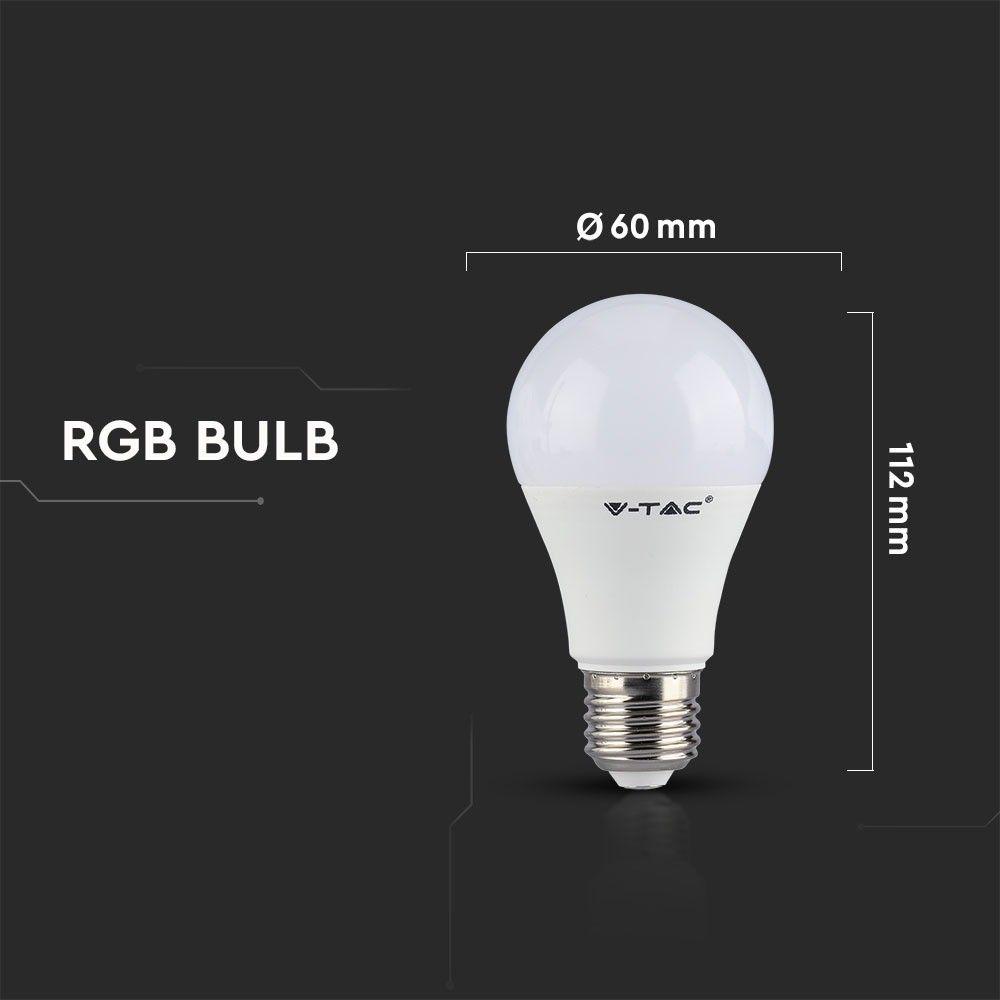 9W A60 Żarówka LED sterowana pilotem, Barwa:RGB+6400K, Trzonek:E27, VTAC, SKU 2768