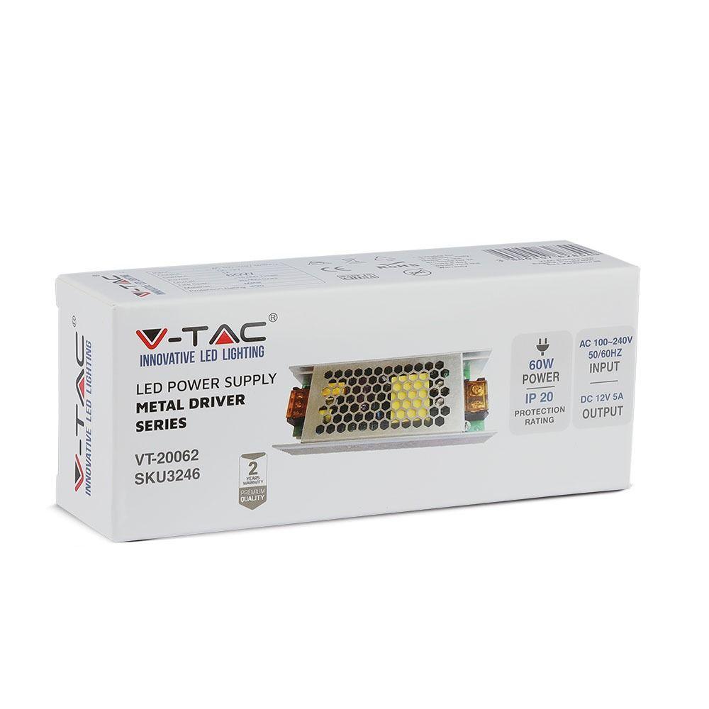 60W Zasilacz LED, Zasilanie:12V 5A, IP20, VTAC, SKU 3246