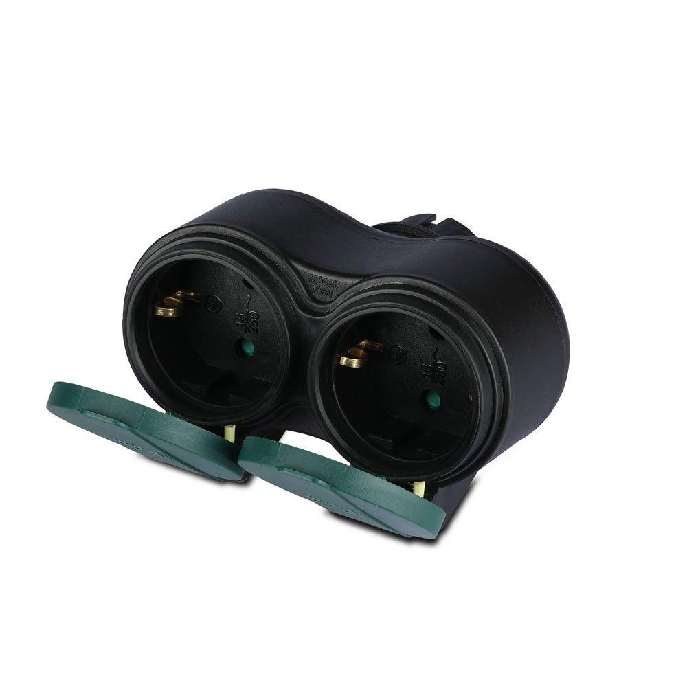 VT-1102-2 2 WAYS ADAPTER-16A-IP44 WITH-BLACK+GREEN