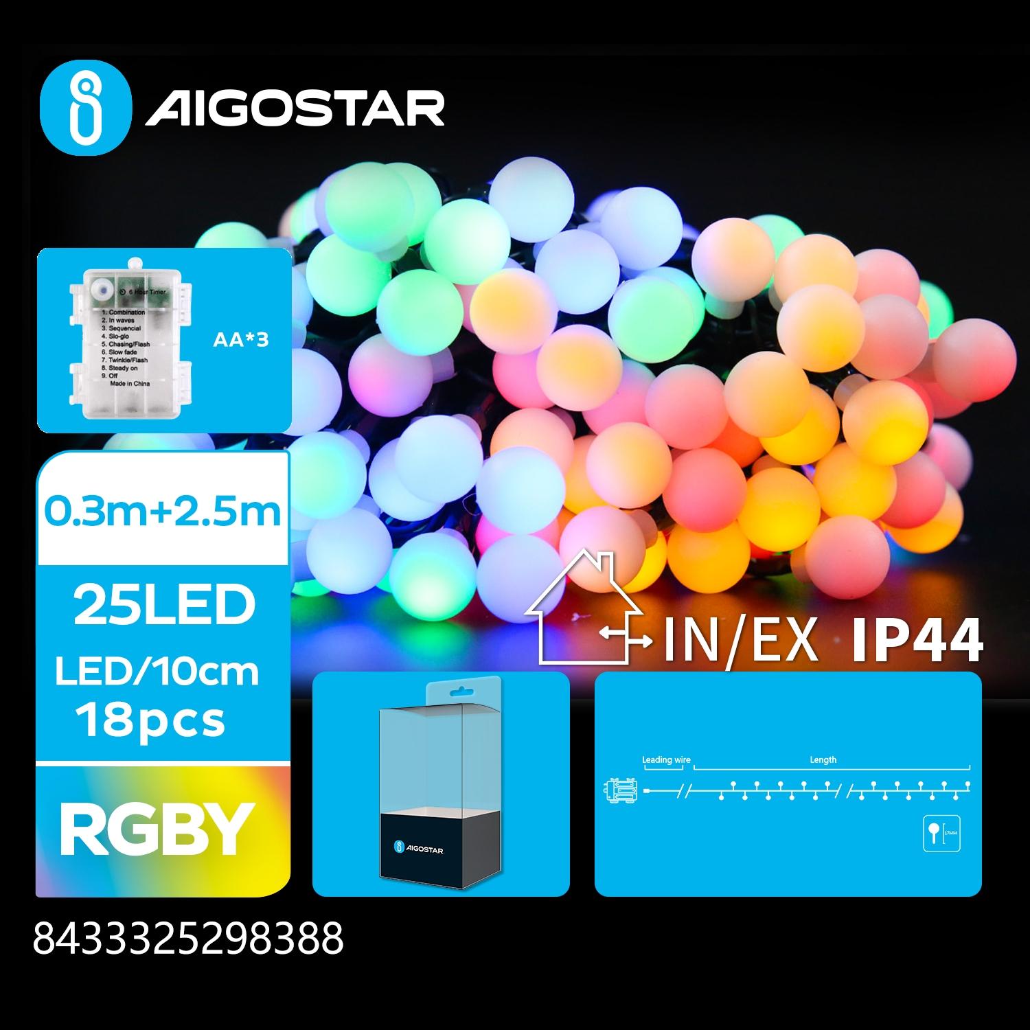 3AA battery milk bulb string lights, RGBY, 2.5m