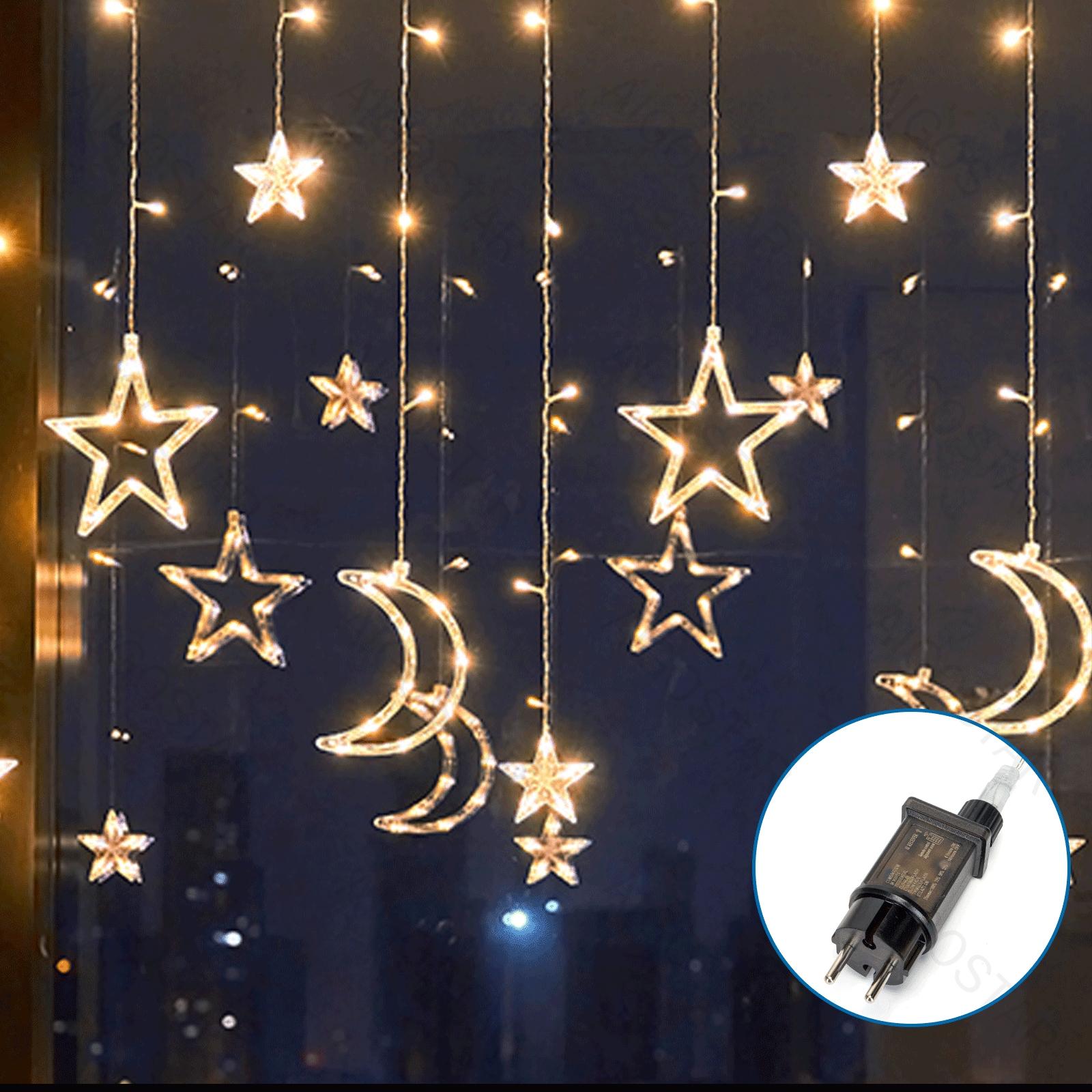 Tandem curtain Solar Icicle(Wave) Flat String Lights star and moon pendant-Warm White-3M+3M*0.6M-120LED-12string 60.50.30-transparent wire-8blink+time with control+IP44