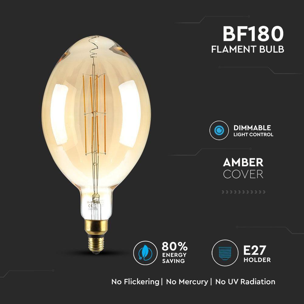 8W Żarówka dekoracyjna LED BF180, Klosz: Bursztynowy, Barwa:2000K, Ściemniana, Trzonek:E27, VTAC, SKU 7464