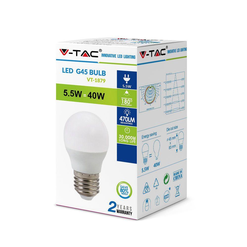 5.5W G45 Żarówka LED, Barwa:4000K, Trzonek:E27, VTAC, SKU 7408