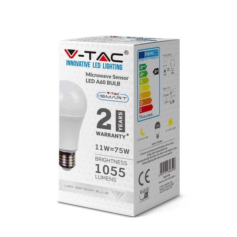 11W A60 Żarówka LED z czujnikiem mikrofalowy, Barwa:3000K, Trzonek:E27, VTAC, SKU 2763