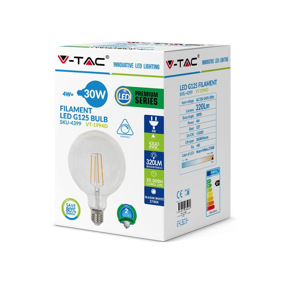 4W G125 Żarówka LED Filament, Barwa:2700K, Ściemniana, Trzonek:E27, VTAC, SKU 4399