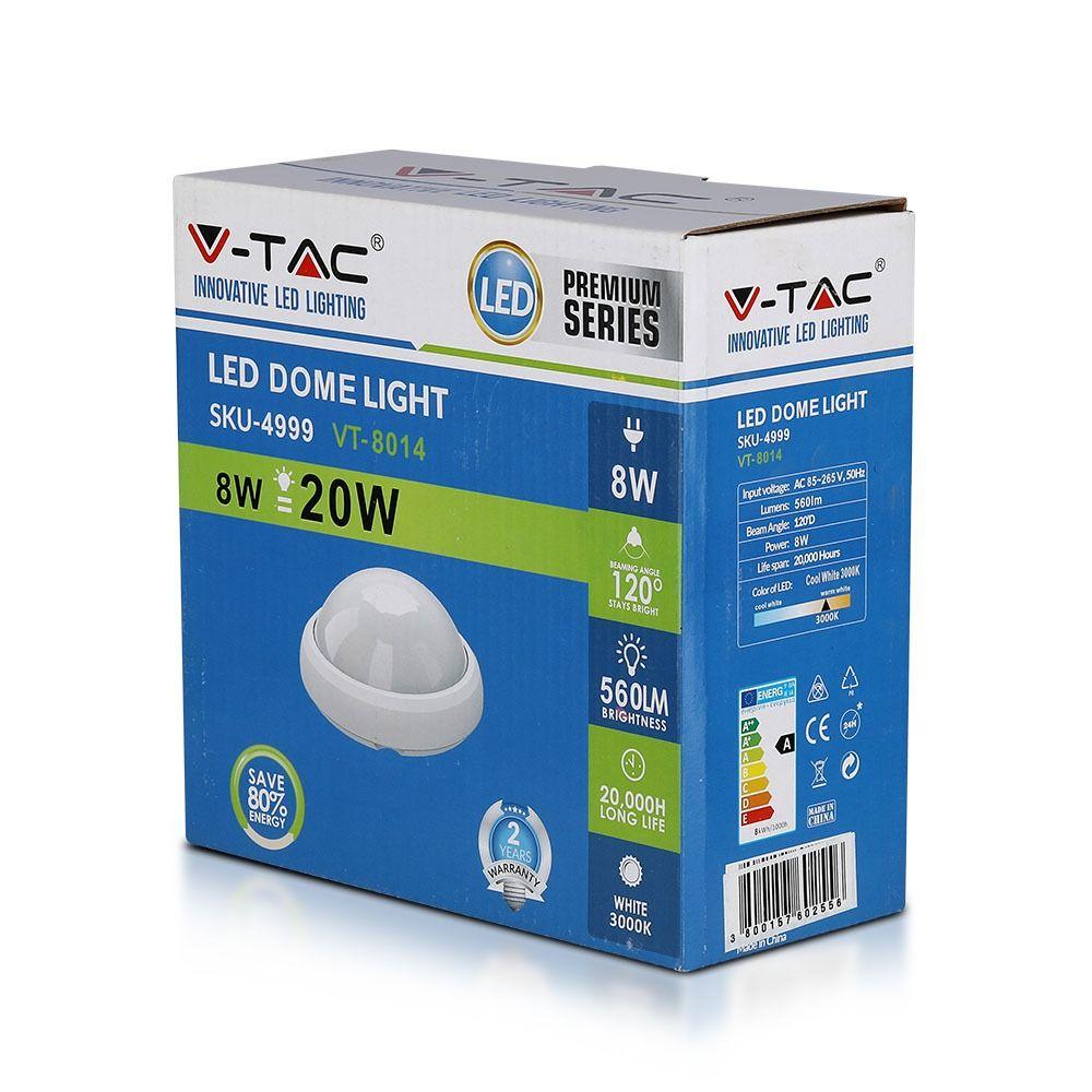 VT-8014 8W FULL ROUND IP54 DOME LIGHTS 3000K WHITE BODY