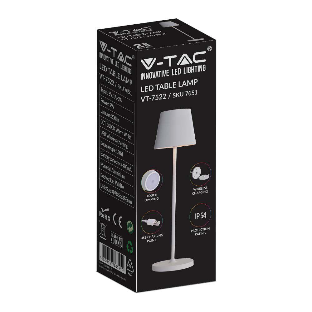 VT-7522 LED 2W TABLE LAMP 4400mA BATTERY 3000K IP54 WHITE BODY