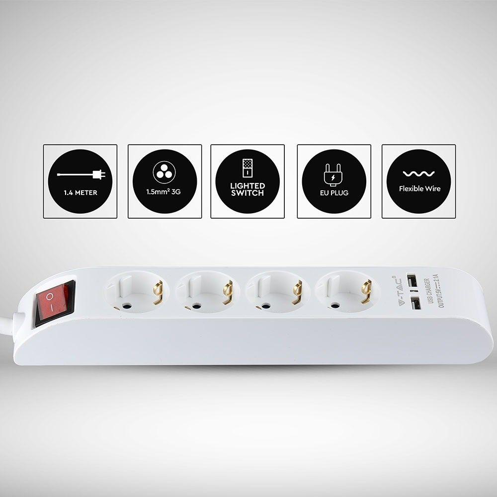 VT-1144-2 4 WAYS SOCKET WITH 2 USB PORTS(3G1.5MMX1.4M)-WHITE