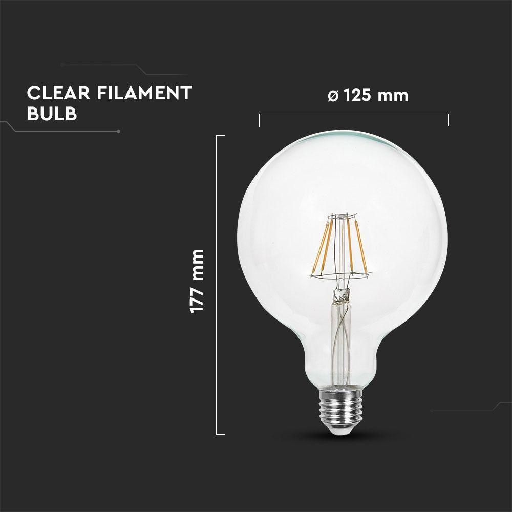 6W Żarówka LED G125 Filament, Barwa:6400K, Trzonek:E27, VTAC, SKU 7427