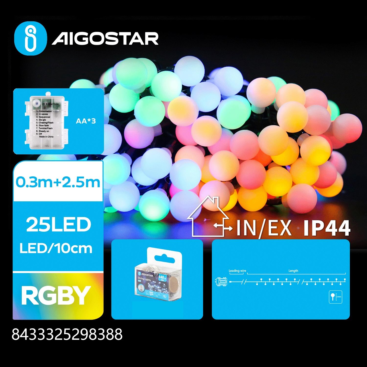 3AA battery milk bulb string lights, RGBY, 2.5m